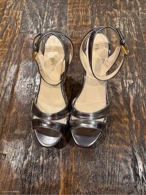 Prada Metallic Pewter Ankle-Strap Heeled Sandals